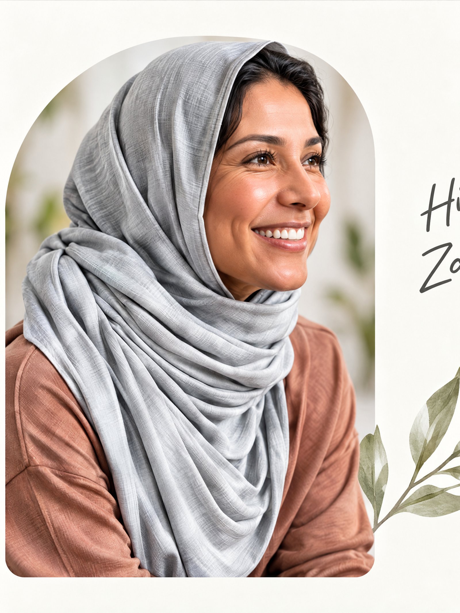 Zehra Allibhai wearing a light grey hijab